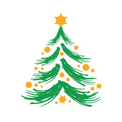 Abstract green sketch christmas tree vector illustration. Stylized hand drawn christmas tree icon isolated on a white background. Christmas tree made of brush strokes graphic design element