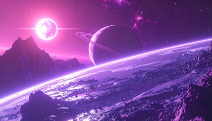 A surreal, vibrant, pink and purple alien landscape with planets, mountains, and cosmic nebulae in the sky