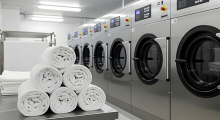 Stack of clean white towels in a professional hotel laundry room with industrial washing machines.