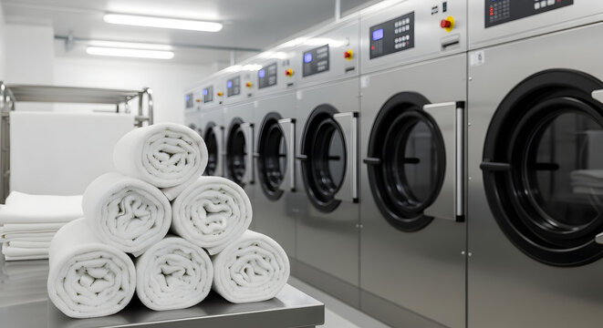 Stack of clean white towels in a professional hotel laundry room with industrial washing machines.