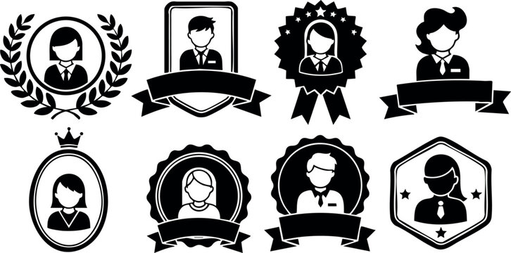 Collection of award badges with male and female portraits in black and white vector style for recognition and achievement design
