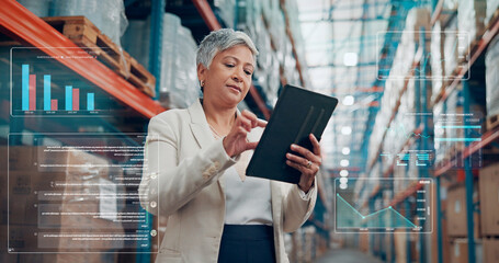 Logistics, tablet and woman with data overlay in warehouse for inventory metrics, stock or planning. Technology, mature person and storage management for shipping, distribution chart or supply chain