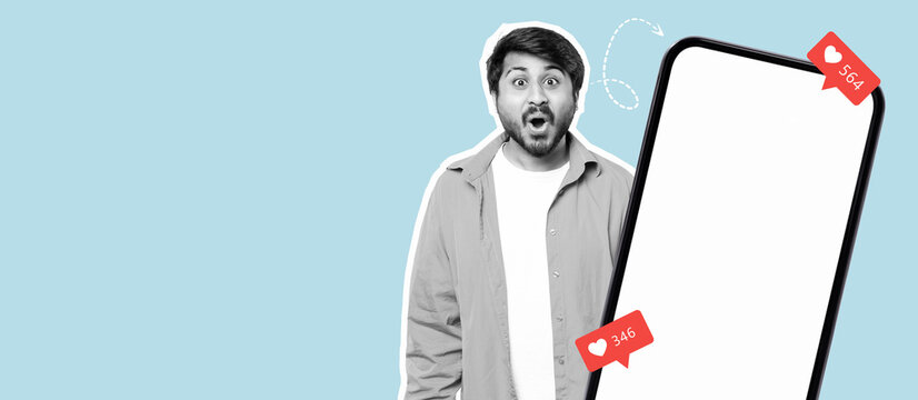 A lively collage displays a man expressing surprise towards a large smartphone with social media metrics. The background is bright blue, enhancing the excitement of the moment. - Powered by Adobe