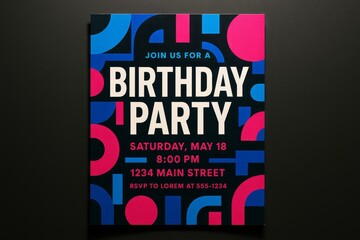 Birthday party invitation poster with bold geometric shapes in pink, blue and black, editable text layout for event announcement.