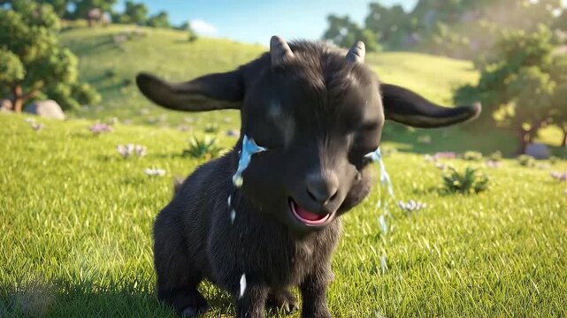 An adorable cartoon baby goat with large expressive eyes crying tears of sadness in a beautiful sunlit meadow, conveying heartbreak and sorrow