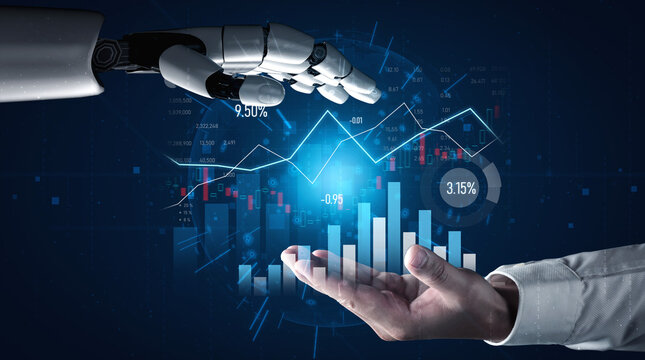 A captivating scene showcasing the interaction between a human hand and a robotic hand amidst vibrant data analytics and financial graphs. Scalp - Powered by Adobe