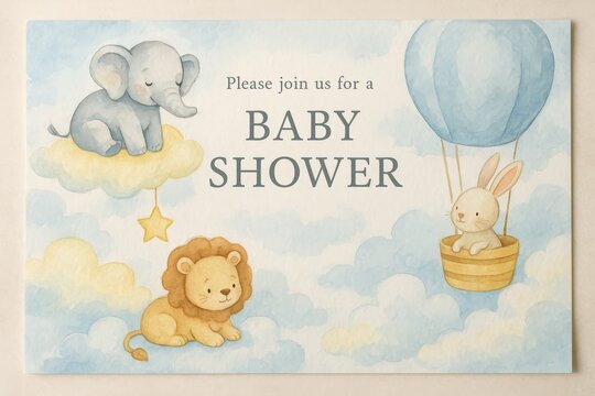 Cute baby shower invitation with watercolor animals in clouds, featuring elephant, lion, bunny in hot air balloon, pastel sky background.