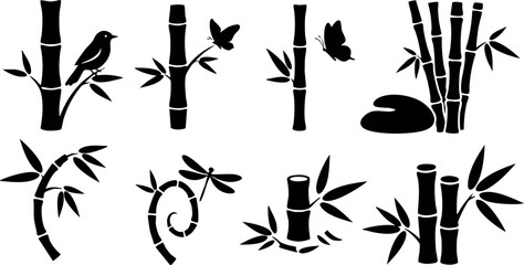 Bamboo silhouettes with birds butterflies dragonfly and stones vector nature elements design for decoration and art projects
