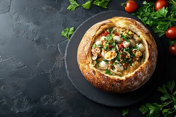 dashpass aoli UTM parameters Autolyse Improver Spend With Pennies PedidosYa DeliverThat Heura foods Petty well Creamy clam chowder in a bread bowl, placed on the right side of dark stone table. Profe