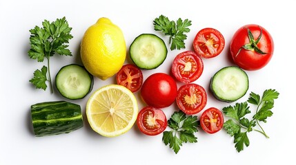 Assorted fresh vegetables and lemon with cucumbers tomatoes cilantro on a white background for healthy cooking and fresh produce display