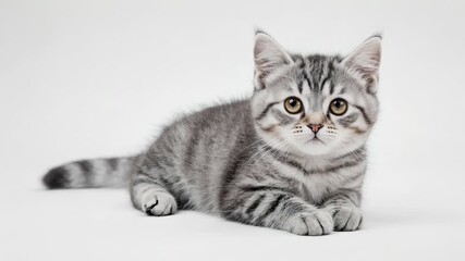 Adorable Grey Kitten with Striking Features Poses Elegantly Against a Soft White Background, Showcasing Its Playful Yet Calm Demeanor and Unique Coat Pattern