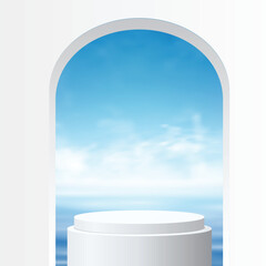 3D vector podium mockup with bright sky clouds background and water reflection. Perfect scenes for product presentation, cosmetic branding or showcase. Natural panorama of sea waves against blue sky