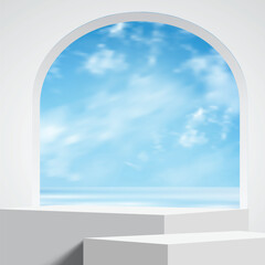 3D vector podium mockup with bright sky clouds background and water reflection. Perfect scenes for product presentation, cosmetic branding or showcase. Natural panorama of sea waves against blue sky