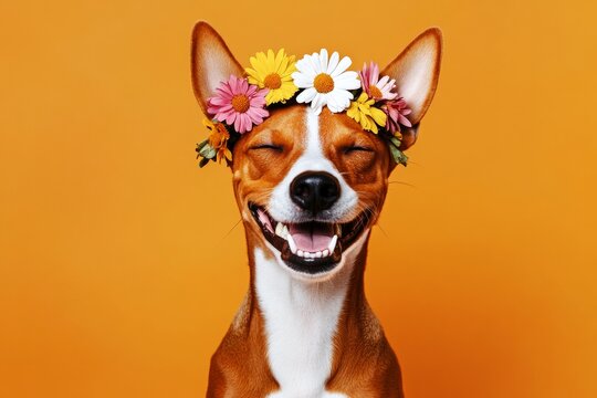 Isolated orange background, copy space, marketing idea art. Professional studio artwork. Cute adult dog poodle wearing savage flower crown on its head - symbol of sunny warm season.