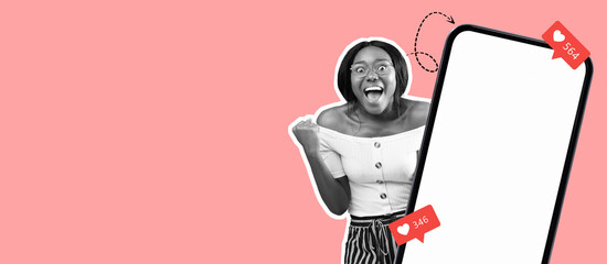 A joyful young woman is celebrating with excitement, showcasing a bright background.