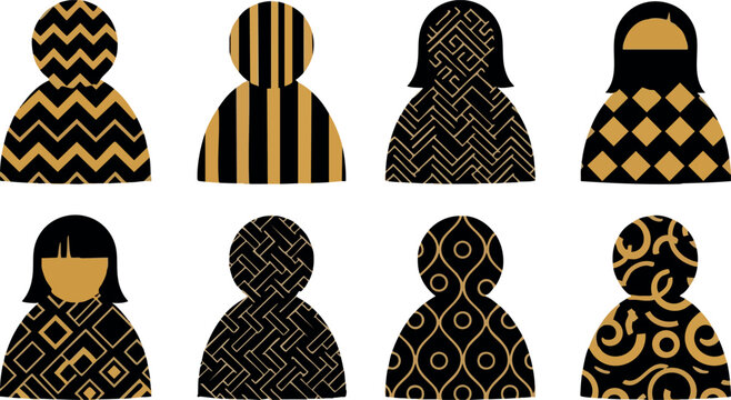 Black and gold patterned abstract human icons set with geometric shapes and decorative designs vector collection