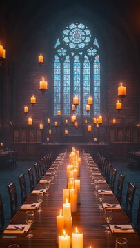 Vertical video: Pushing camera forward through castle hall, revealing pillar and floating candles
