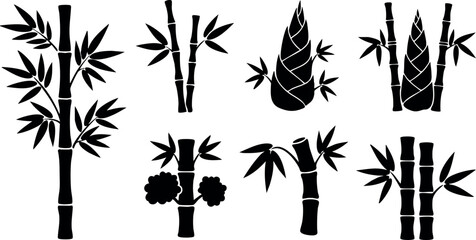Obraz premium Bamboo silhouettes set with stalks and shoots in black vector design elements for nature and plant graphics