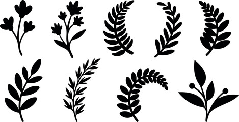 Collection of black silhouette leaves and branches vector design elements for natural decorative use and botanical themes