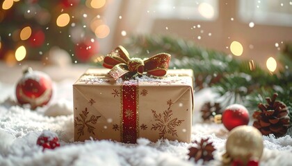A wrapped gift, adorned with ribbon, sits among pine cones and ornaments against a blurred, festive, lit backdrop