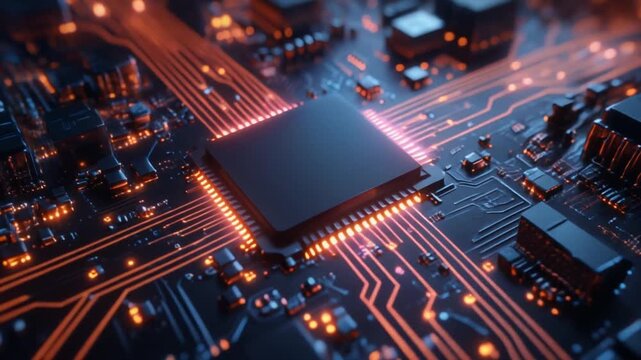 Futuristic Microchip Processor on Circuit Board with Glowing Connections and Data Flow.