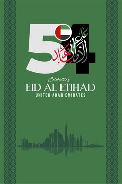 54th UAE National Day 2025 poster with 54 symbol, flag, Dubai skyline, and Eid Al Etihad Calligraphy. Eid Al Etihad means National Day. Vector Illustration