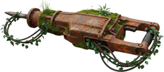 An old rusted jackhammer overgrown with moss and ivy with thick steel cables intertwined around its body Nature Industrial Abandoned Decay Vintage Tool