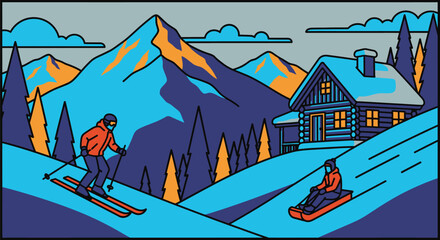 Obraz premium Winter wonderland escape skiing and sledding in mountain cabin scene