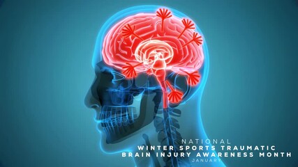 National Winter Sports Traumatic brain injury awareness month. Brain animation video.