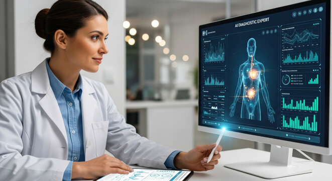 Focused doctor using an advanced ai agent for medical business analysis. futuristic interface displays human anatomy data for modern healthcare diagnosis and patient care