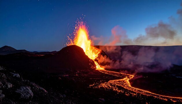 A volcano erupts at night, orange molten lava flowing across the dark landscape under a starry sky, steam rising - Powered by Adobe