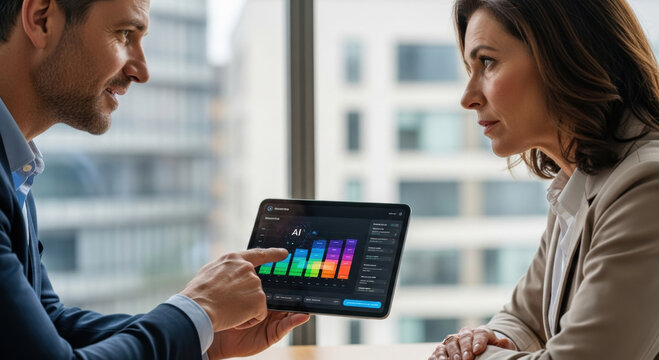 Business agent uses an ai powered tablet to explain data analytics to focused female colleague in modern office meeting. woman looks serious while reviewing chart