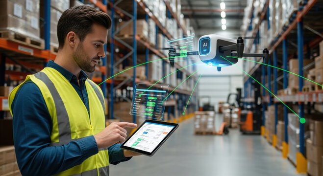 Focused male business agent manages warehouse inventory using advanced ai technology. flying drone scans packages for modern logistics operation controlled by tablet - Powered by Adobe