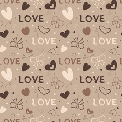 Rustic, hand drawn vector seamless pattern featuring scattered vintage hearts, bows, and the word LOVE in a cozy palette of muted browns and creams, perfect for warm romantic digital paper.