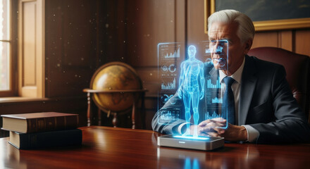 Focused senior doctor in his office uses futuristic ai agent for his medical business analyzing human body hologram with advanced technology for health diagnosis