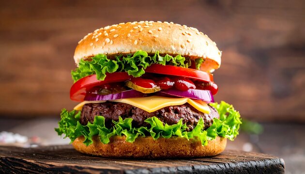 A sesame seed bunned burger with lettuce, cheese, tomato, onions, pickles, and sauce sits on a wooden board
