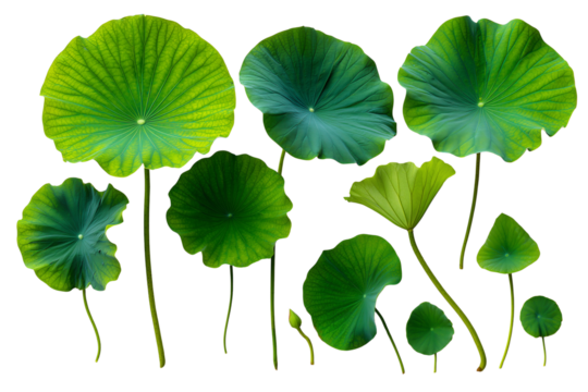 Collection of green lotus leaves or Set fresh of green lotus leaf isolated. Waterlily or lotus plants isolated on transparent White background png