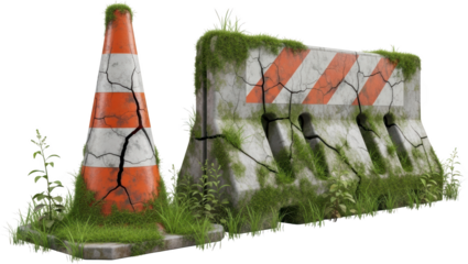Cracked construction cone and concrete barrier overgrown with green moss and grass abandoned roadwork elements traffic cone road block safety barrier weathered