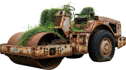 An abandoned rusty road roller machine heavily overgrown with green vines and grass showing decay and nature's reclamation Old Vehicle Construction Equipment