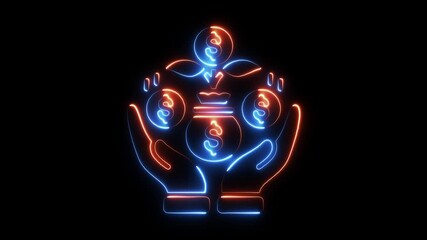 Glowing neon hands holding money bag and coins symbolizing financial growth investment success wealth accumulation
