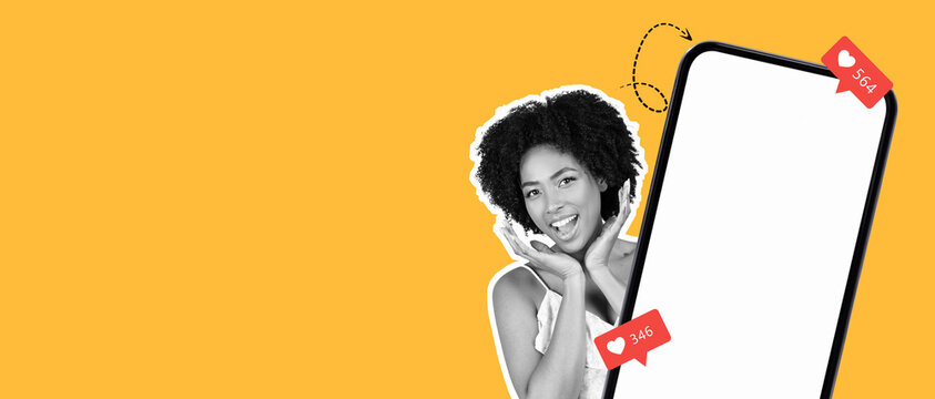 A cheerful woman poses with her hands near her face while engaging with her smartphone. The background is bright yellow, highlighting the excitement of social media interaction and community.