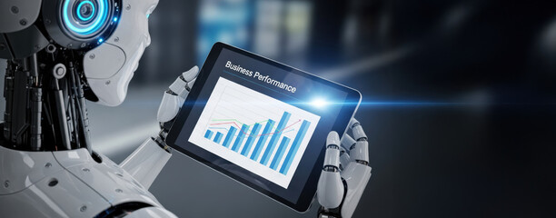 Advanced ai robot agent analyzes business performance on tablet. This intelligent machine is focused on data and growth charts for futuristic financial investment strategy