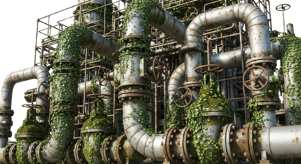 Industrial pipes covered with green ivy vines showing rust and weathered metal overgrown factory plant machinery infrastructure decay nature reclaimed