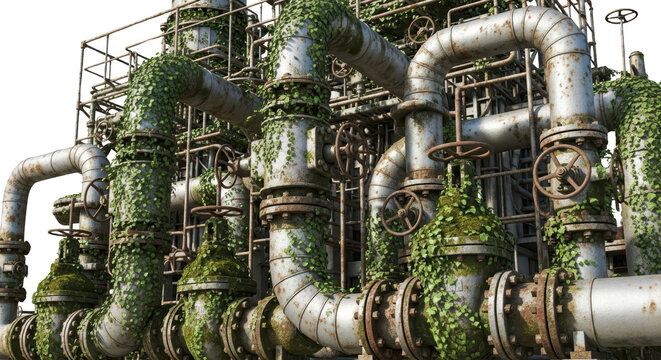 Industrial pipes covered with green ivy vines showing rust and weathered metal overgrown factory plant machinery infrastructure decay nature reclaimed