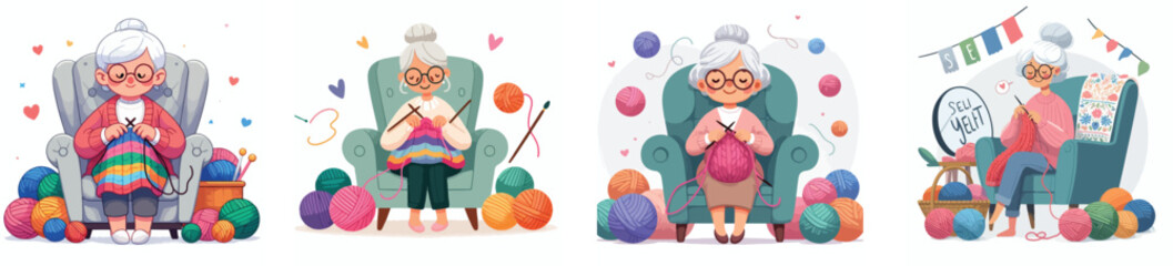 A grandmother knitting a colorful sweater while sitting on a chair, flat design, simple and minimalistic style, white background