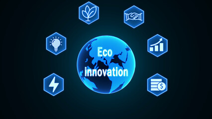 Blue Earth with Eco Innovation Concept Icons and Text on Dark Background globe world