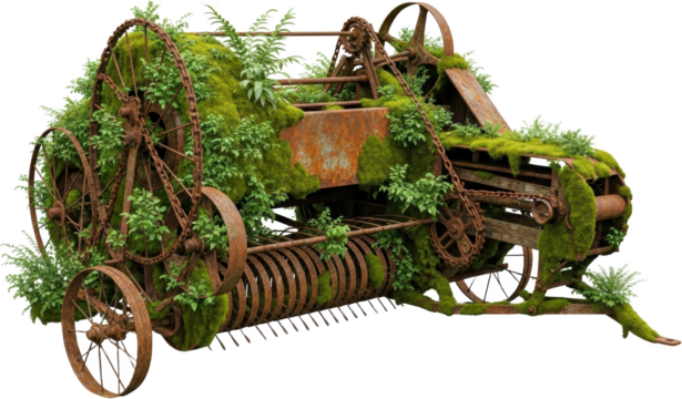 Rusted agricultural machinery with moss and plants old farm equipment overtaken by nature rusty metal gears and chains Overgrown Green Rural Vintage Decay