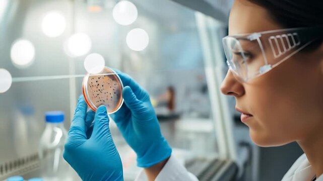 Female scientist examining petri dish in laboratory setting, focus on scientific research and analysis