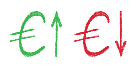 Hand drawn euro currency symbol Growth and fall profit with arrow up and down Brush stroke doodle Element for design