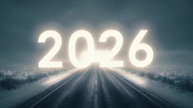 Glowing 2026 numbers on winter road in foggy landscape, concept of new year, future, uncertainty, hope, direction, transition